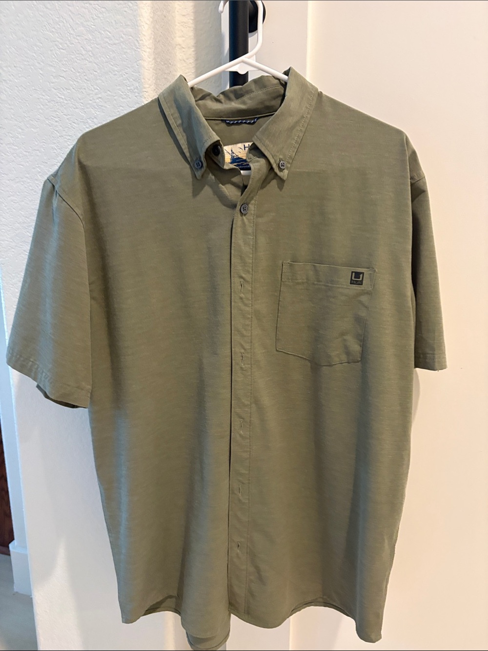 Men's Olive Green HUK Short-Sleeve Button-Up Shirt
